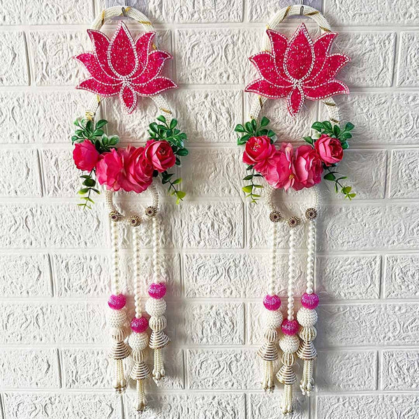 Rani Pink Nalki Pichwai Lotus with Flower Bunch Hanging Pack of 2 | Wall Décor | Craft Shop India