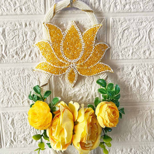Yellow Nalki Pichwai Lotus with Flower Bunch Hanging (Pack of 2) | Traditional Wall Décor | Craft Shop India