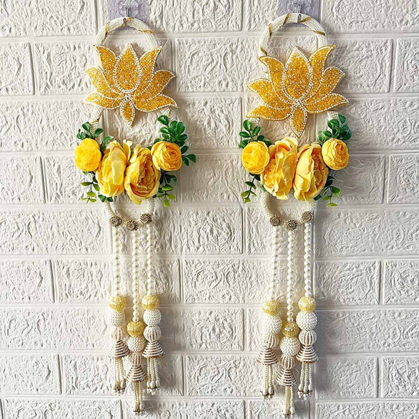 Yellow Nalki Pichwai Lotus with Flower Bunch Hanging (Pack of 2) | Traditional Wall Décor | Craft Shop India