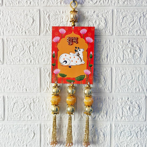 Orange Pichwai Cow Shubh Labh Tassels Hanging Pair for Home Decoration | Craft Shop India