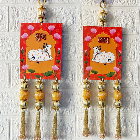 Orange Pichwai Cow Shubh Labh Tassels Hanging Pair for Home Decoration | Craft Shop India