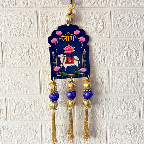 Blue Pichwai Cow Shubh Labh Tassels Hanging Pair for Home Decoration | Craft Shop India