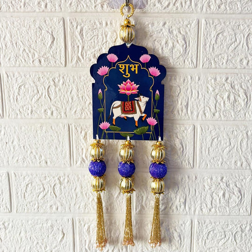 Blue Pichwai Cow Shubh Labh Tassels Hanging Pair for Home Decoration | Craft Shop India