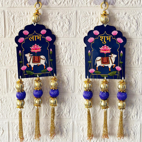 Blue Pichwai Cow Shubh Labh Tassels Hanging Pair for Home Decoration | Craft Shop India