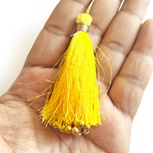 Sunshine Yellow Fancy Silk Tassels with Zari Bead Thread Latkan Pack of 10 | Craft Shop India