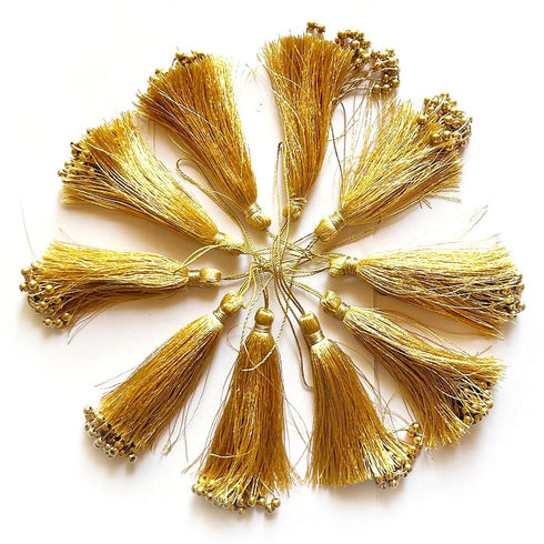 Metallic Golden Fancy Silk Tassels with Zari Bead Thread Latkan Pack of 10 | Craft Shop India