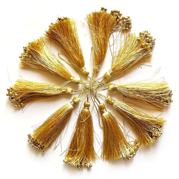 Metallic Golden Fancy Silk Tassels with Zari Bead Thread Latkan Pack of 10 | Craft Shop India