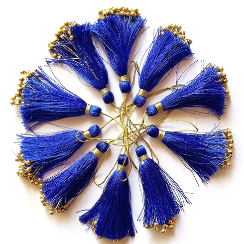 Royal Blue Fancy Silk Tassels with Zari Bead Thread Latkan Pack of 10 | Craft Shop India