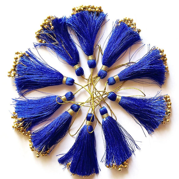 Royal Blue Fancy Silk Tassels with Zari Bead Thread Latkan Pack of 10 | Craft Shop India