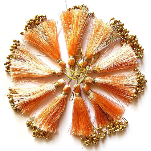 Peach Gold Beaded Fancy Silk Tassels with Zari Bead Thread Latkan Pack of 10 | Craft Shop India