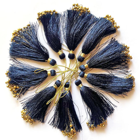 Midnight Navy Fancy Silk Tassels with Zari Bead Thread Latkan Pack of 10 | Craft Shop India