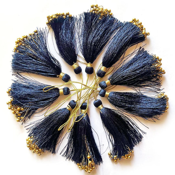Midnight Navy Fancy Silk Tassels with Zari Bead Thread Latkan Pack of 10 | Craft Shop India