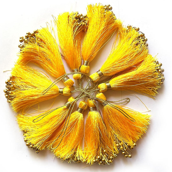Sunshine Yellow Fancy Silk Tassels with Zari Bead Thread Latkan Pack of 10 | Craft Shop India
