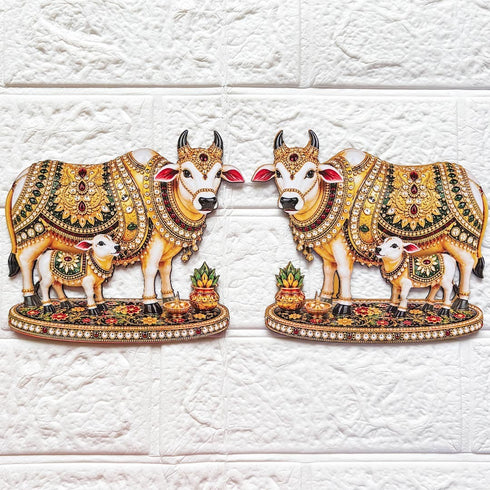 Kamdhenu Cow with Calf Printed MDF Cutout Pack of 4 | 6 Inch | DIY Decoration, Toran & Bandhanwar | Craft Shop India