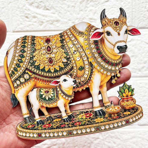 Kamdhenu Cow with Calf Printed MDF Cutout Pack of 4 | 6 Inch | DIY Decoration, Toran & Bandhanwar | Craft Shop India