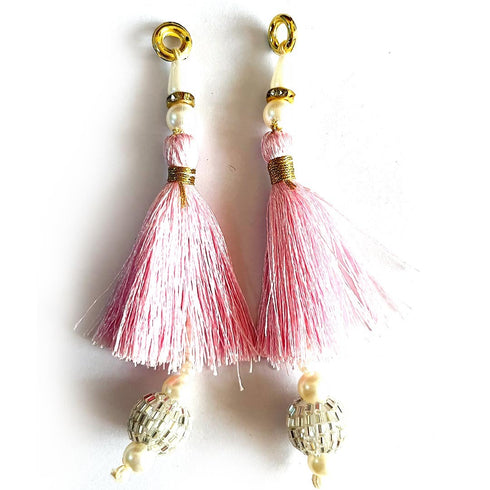 Baby Pink Silk Hanging Tassels with Silver Cutdana Beads for Saree Pallu, Blouse, Lehenga, Dupatta, DIY Art & Craft Decoration | Pack of 10 | Craft Shop India