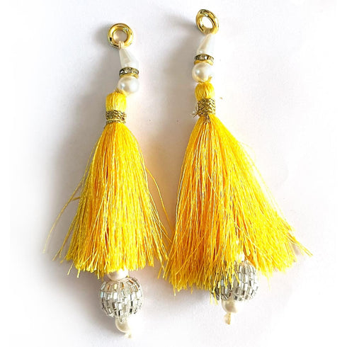 Yellow Silk Hanging Tassels with Silver Cutdana Beads for Saree Pallu, Blouse, Lehenga, Dupatta, DIY Art & Craft Decoration | Pack of 10 | Craft Shop India