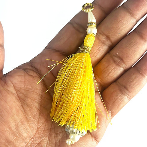 Yellow Silk Hanging Tassels with Silver Cutdana Beads for Saree Pallu, Blouse, Lehenga, Dupatta, DIY Art & Craft Decoration | Pack of 10 | Craft Shop India