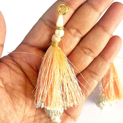 Peach Silk Hanging Tassels with Silver Cutdana Beads for Saree Pallu, Blouse, Lehenga & Dupatta | DIY Craft & Decoration | Pack of 10 | Craft Shop India