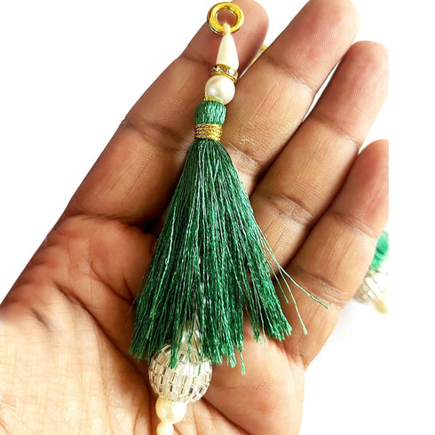 Green Silk Hanging Tassels with Silver Cutdana Beads for Saree Pallu, Blouse, Lehenga, Dupatta, DIY Art & Craft Decoration | Set of 10 | Craft Shop India