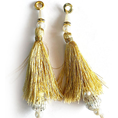 Golden Silk Hanging Tassels with Silver Cutdana Beads for Saree Pallu, Blouse, Lehenga, Dupatta, DIY Craft & Decoration | Pack of 10 | Craft Shop India