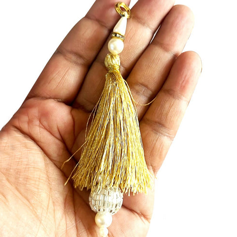 Golden Silk Hanging Tassels with Silver Cutdana Beads for Saree Pallu, Blouse, Lehenga, Dupatta, DIY Craft & Decoration | Pack of 10 | Craft Shop India