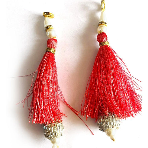 Red Silk Hanging Tassels with Silver Cutdana Beads for Saree Pallu, Blouse, Lehenga, Dupatta, DIY Craft & Decoration | Pack of 10 | Craft Shop India