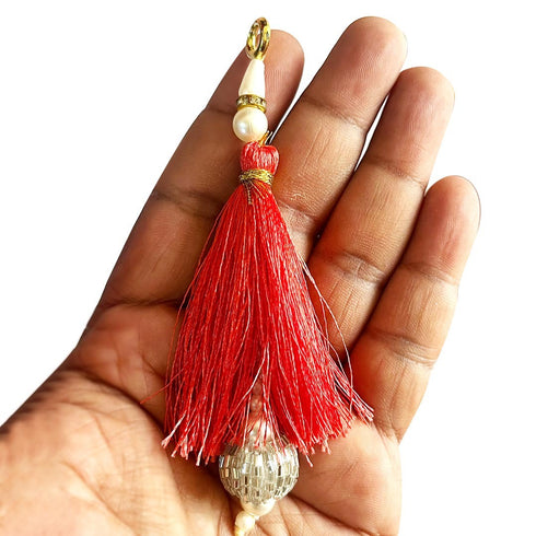 Red Silk Hanging Tassels with Silver Cutdana Beads for Saree Pallu, Blouse, Lehenga, Dupatta, DIY Craft & Decoration | Pack of 10 | Craft Shop India