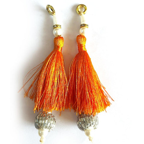 Orange Silk Hanging Tassels with Silver Cutdana Beads for Saree Pallu, Blouse, Lehenga, Dupatta, DIY Art & Craft Decoration | Pack of 10 | Craft Shop India