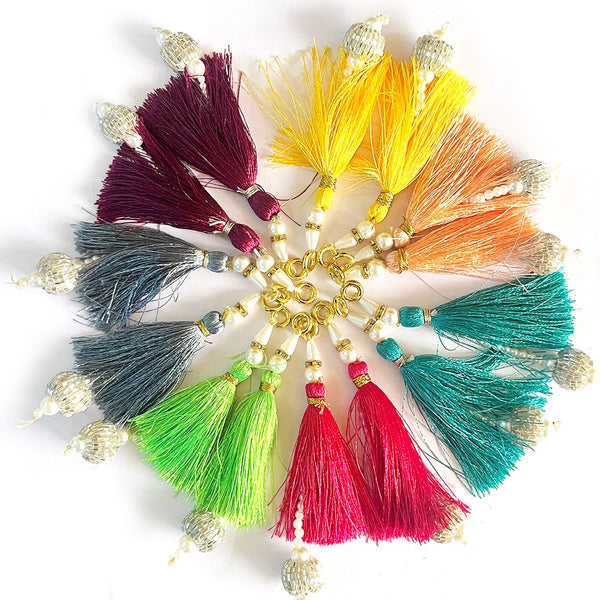 Multicolor Silk Hanging Tassels with Silver Cutdana Beads for Saree Pallu, Blouse, Lehenga, Dupatta, DIY Art & Craft Decoration | Pack of 10 | Craft Shop India
