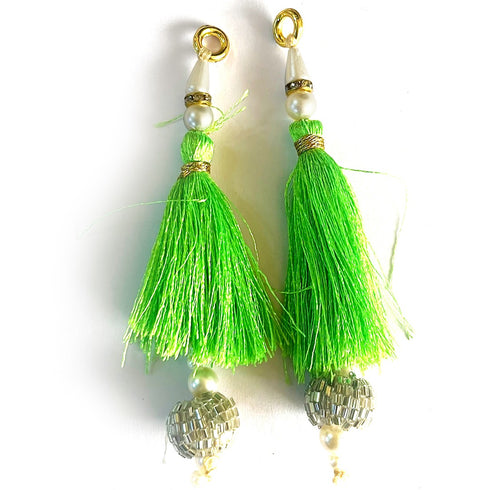 Parrot Green Silk Hanging Tassels with Silver Cutdana Beads for Saree Pallu, Blouse, Lehenga, Dupatta, DIY Art & Craft Decoration | Pack of 10 | Craft Shop India