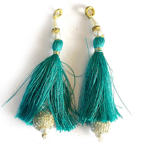 Sea Green Silk Hanging Tassels with Silver Cutdana Beads for Saree Pallu, Blouse, Lehenga, Dupatta, DIY Art & Craft Decoration | Pack of 10 | Craft Shop India