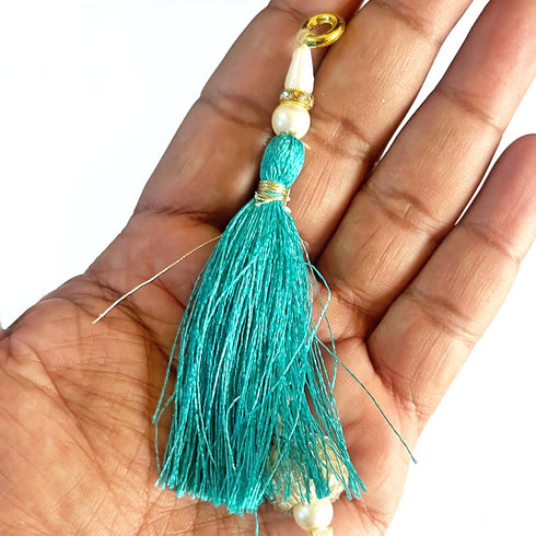 Sea Green Silk Hanging Tassels with Silver Cutdana Beads for Saree Pallu, Blouse, Lehenga, Dupatta, DIY Art & Craft Decoration | Pack of 10 | Craft Shop India