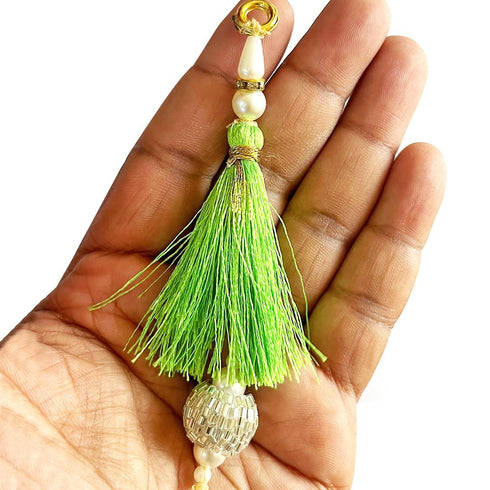 Parrot Green Silk Hanging Tassels with Silver Cutdana Beads for Saree Pallu, Blouse, Lehenga, Dupatta, DIY Art & Craft Decoration | Pack of 10 | Craft Shop India