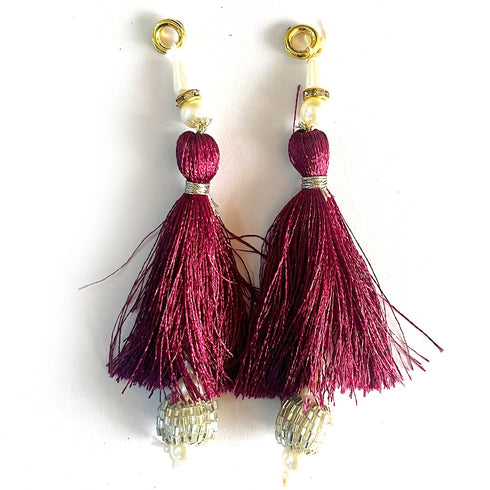 Wine Silk Hanging Tassels with Silver Cutdana Beads for Saree Pallu, Blouse, Lehenga, Dupatta, DIY Art & Craft Decoration | Pack of 10 | Craft Shop India