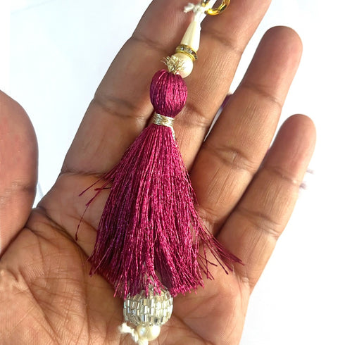 Wine Silk Hanging Tassels with Silver Cutdana Beads for Saree Pallu, Blouse, Lehenga, Dupatta, DIY Art & Craft Decoration | Pack of 10 | Craft Shop India