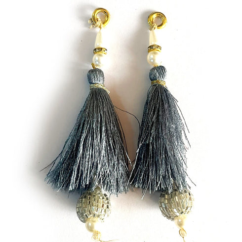 Grey Silk Hanging Tassels with Silver Cutdana Beads for Saree Pallu, Blouse, Lehenga, Dupatta, DIY Art & Craft Decoration | Pack of 10 | Craft Shop India