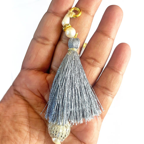 Grey Silk Hanging Tassels with Silver Cutdana Beads for Saree Pallu, Blouse, Lehenga, Dupatta, DIY Art & Craft Decoration | Pack of 10 | Craft Shop India