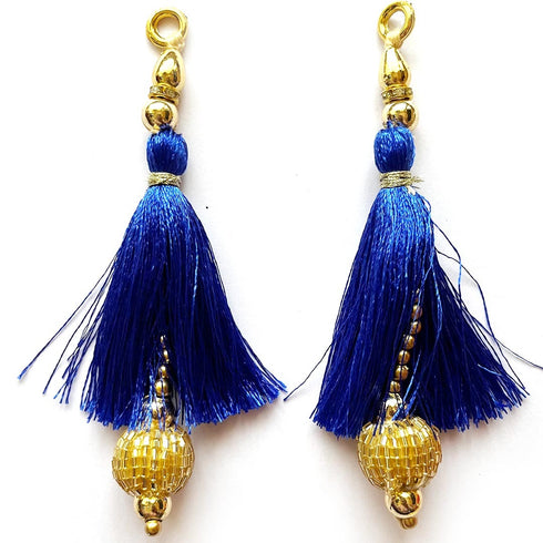Royal Blue Silk Hanging Tassels with Golden Cutdana Beads for Saree Pallu, Blouse, Lehenga, Dupatta, DIY Art & Craft Decoration | Pack of 10 | Craft Shop India