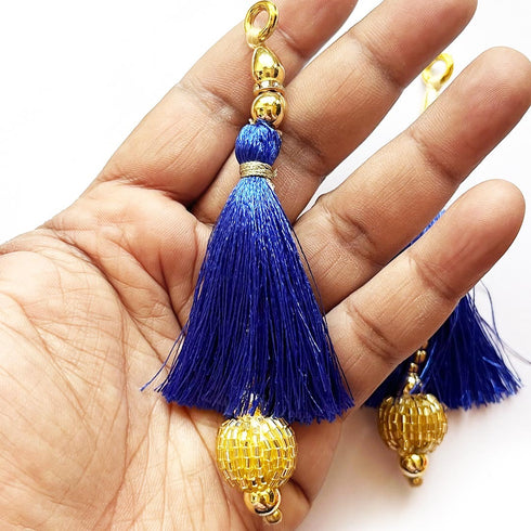 Royal Blue Silk Hanging Tassels with Golden Cutdana Beads for Saree Pallu, Blouse, Lehenga, Dupatta, DIY Art & Craft Decoration | Pack of 10 | Craft Shop India