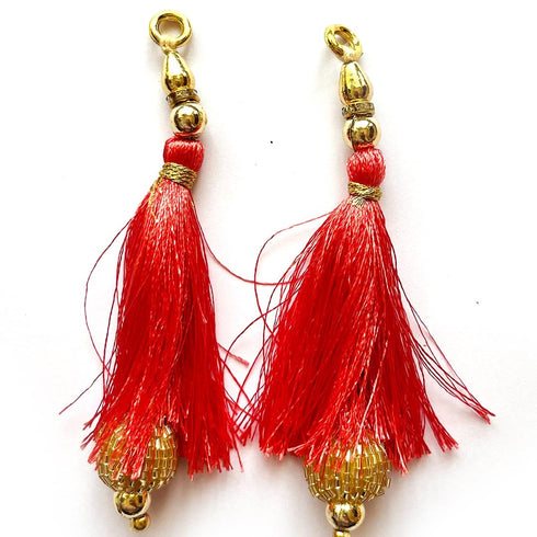 Carrot Red Silk Hanging Tassels with Golden Cutdana Beads for Saree Pallu, Blouse, Lehenga, Dupatta, DIY Art & Craft Decoration | Pack of 10 | Craft Shop India