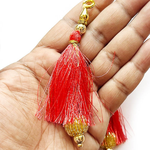 Carrot Red Silk Hanging Tassels with Golden Cutdana Beads for Saree Pallu, Blouse, Lehenga, Dupatta, DIY Art & Craft Decoration | Pack of 10 | Craft Shop India