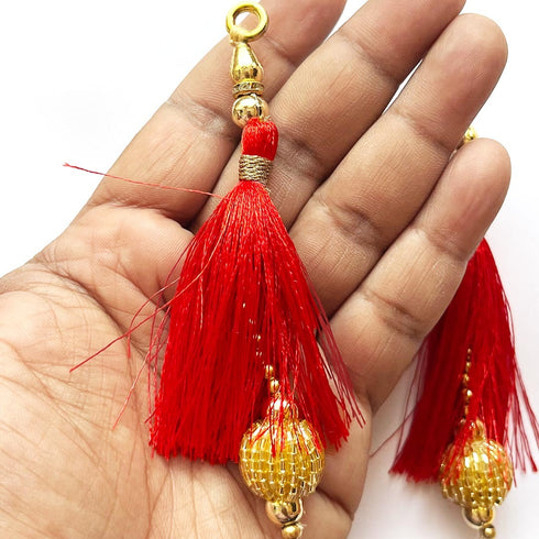 Bright Red Silk Hanging Tassels with Golden Cutdana Beads for Saree Pallu, Blouse, Lehenga, Dupatta, DIY Art & Craft Decoration | Pack of 10 | Craft Shop India