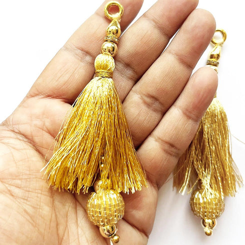 Golden Silk Hanging Tassels with Golden Cutdana Beads for Saree Pallu, Blouse, Lehenga, Dupatta, DIY Art & Craft Decoration | Pack of 10 | Craft Shop India