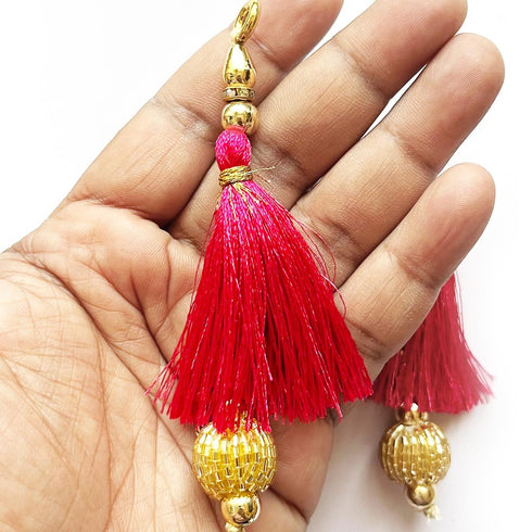 Rani Pink Silk Hanging Tassels with Golden Cutdana Beads for Saree Pallu, Blouse, Lehenga, Dupatta, DIY Art & Craft Decoration | Pack of 10 | Craft Shop India
