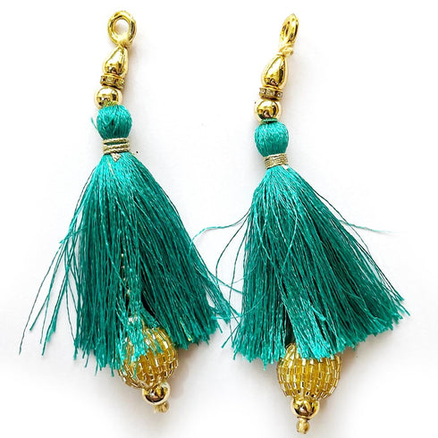Sea Green Silk Hanging Tassels with Golden Cutdana Beads for Saree Pallu, Blouse, Lehenga, Dupatta, DIY Art & Craft Decoration | Pack of 10 | Craft Shop India