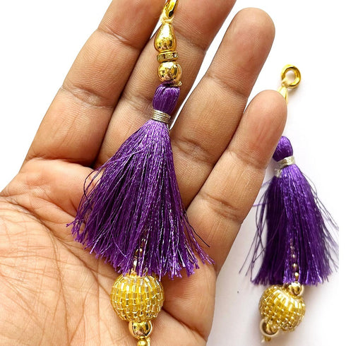 Purple Silk Hanging Tassels with Golden Cutdana Beads for Saree Pallu, Blouse, Lehenga, Dupatta, DIY Art & Craft Decoration | Pack of 10 | Craft Shop India