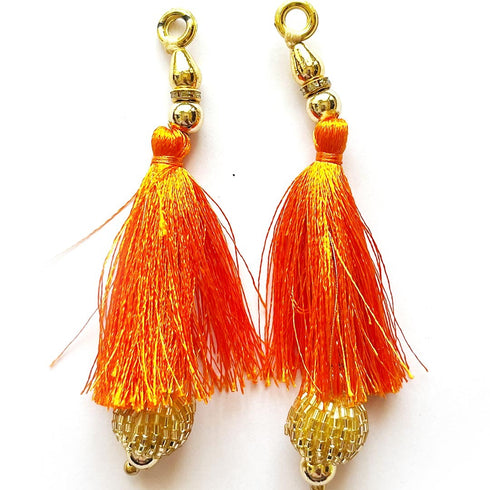 Orange Silk Hanging Tassels with Golden Cutdana Beads for Saree Pallu, Blouse, Lehenga, Dupatta, DIY Art & Craft Decoration | Pack of 10 | Craft Shop India