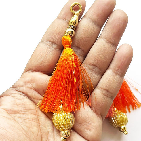 Orange Silk Hanging Tassels with Golden Cutdana Beads for Saree Pallu, Blouse, Lehenga, Dupatta, DIY Art & Craft Decoration | Pack of 10 | Craft Shop India