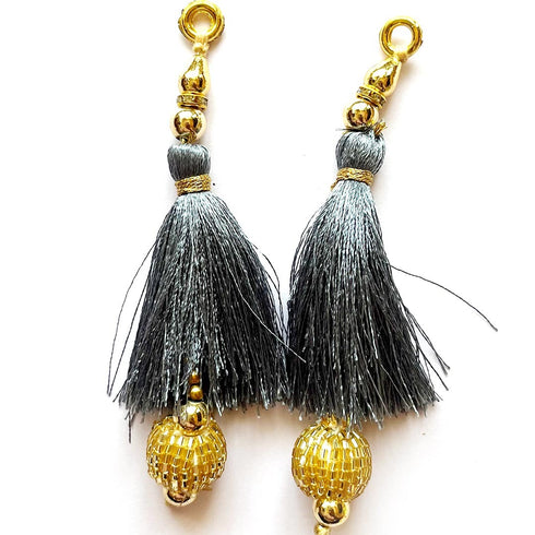 Grey Silk Hanging Tassels with Golden Cutdana Beads for Saree Pallu, Blouse, Lehenga, Dupatta, DIY Art & Craft Decoration | Pack of 10 | Craft Shop India